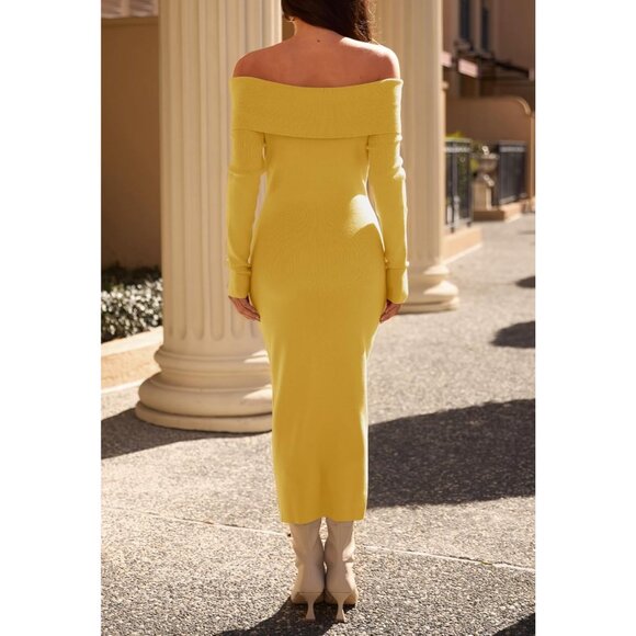 Women Off Shoulder Bodycon Sweater Dress Long Sleeve Party Midi Dress Ginger - Picture 4 of 9